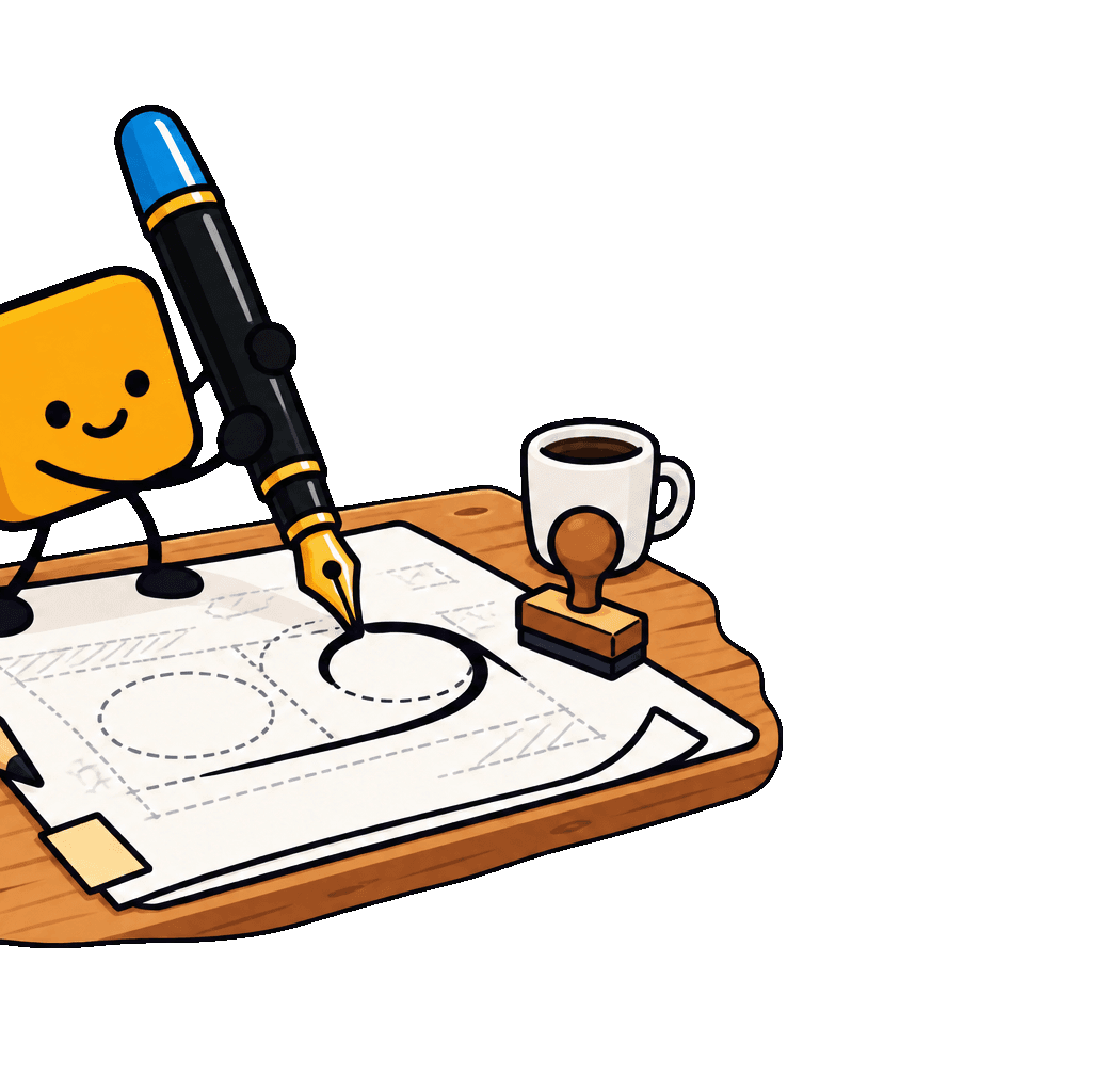 O mascote do Combinado, um quadrado marigold, passando tinta com uma caneta sobre linhas a lápis numa folha na bancada